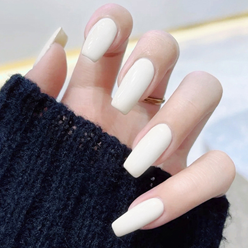 Cream White Simple Pure Color White Manicure Fake Nails Mid-Length Square Nails European and American Wearable Manicure