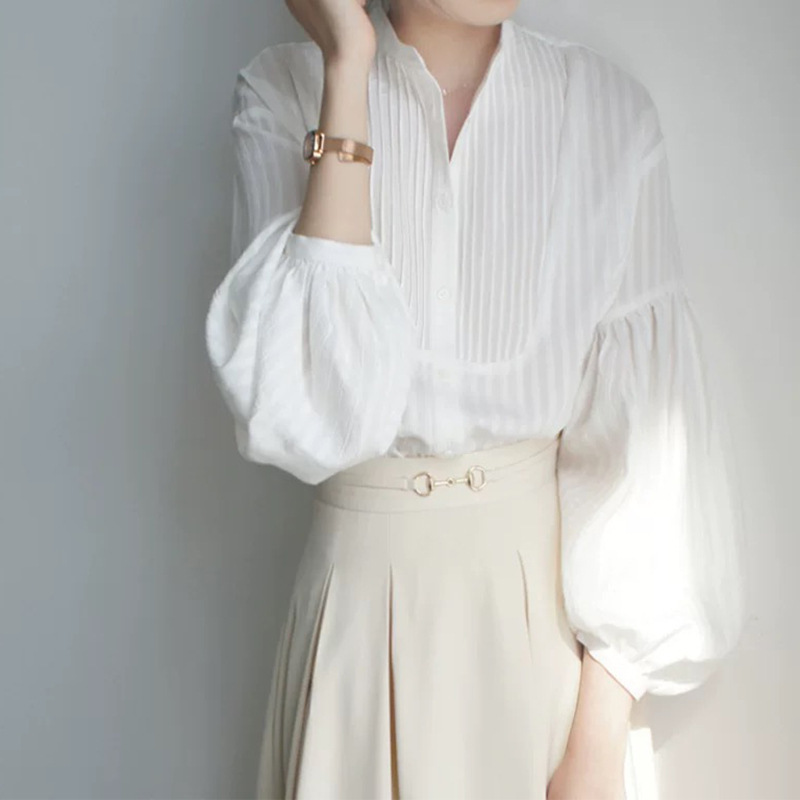 in stock manufacturers wholesale dark vertical stripe pit pleated small collar loose fashionable literary lantern sleeve cotton shirt