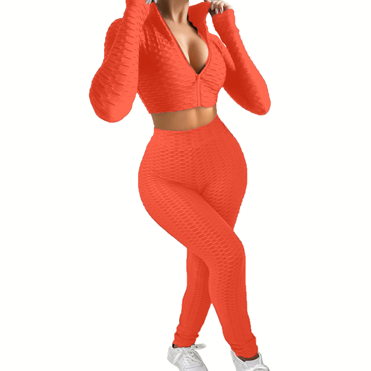 Conjunto de pantalón y top de manga larga con cuello en V de fitness en color liso NSYF75949