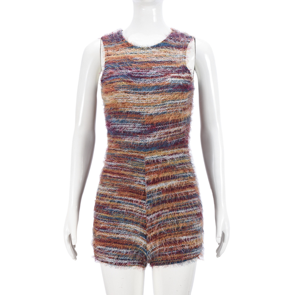 Women Clothing Sleeveless Tight Sexy Color Block Hollow Out Cutout Yarn Dyed Fluff Jumpsuit