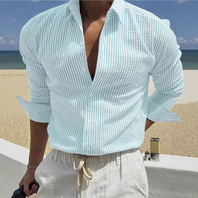 2025 Cross-Border Amazon Wish Ebay Fashion Lapel Men's Tops Striped Casual Long Sleeve Shirts
