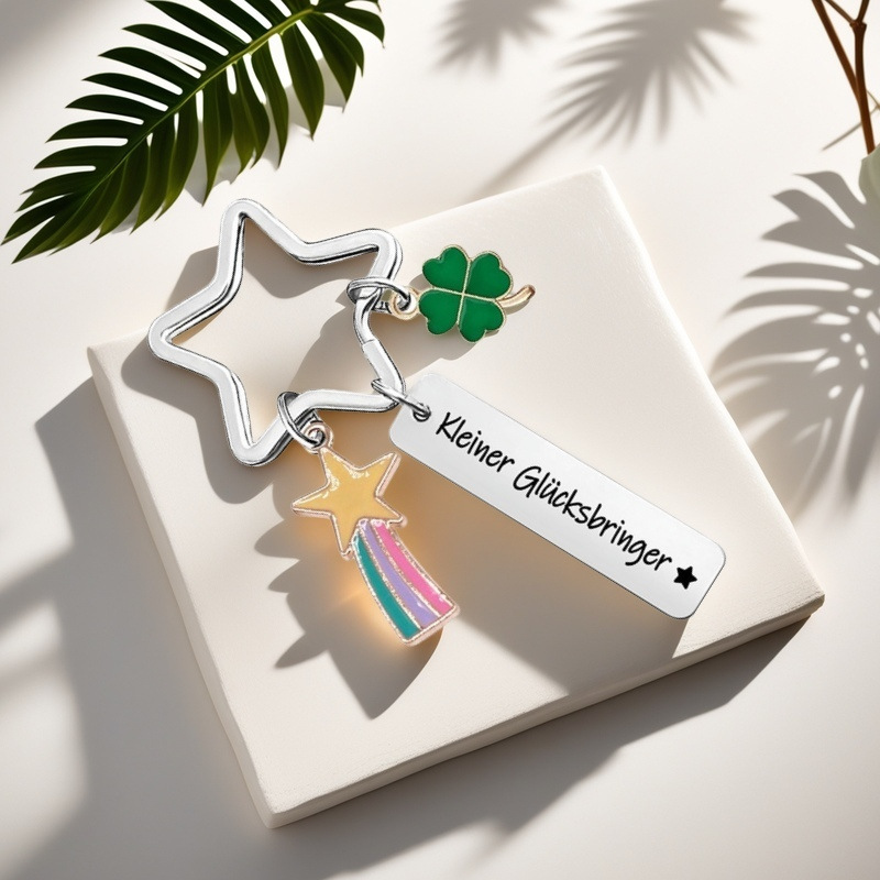 2026 New Cross-Border German-Style Kleiner Rainbow Four-Leaf Clover Lucky Charm Stainless Steel Engraved Keychain in Stock