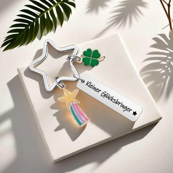 2026 New Cross-Border German-Style Kleiner Rainbow Four-Leaf Clover Lucky Charm Stainless Steel Engraved Keychain in Stock