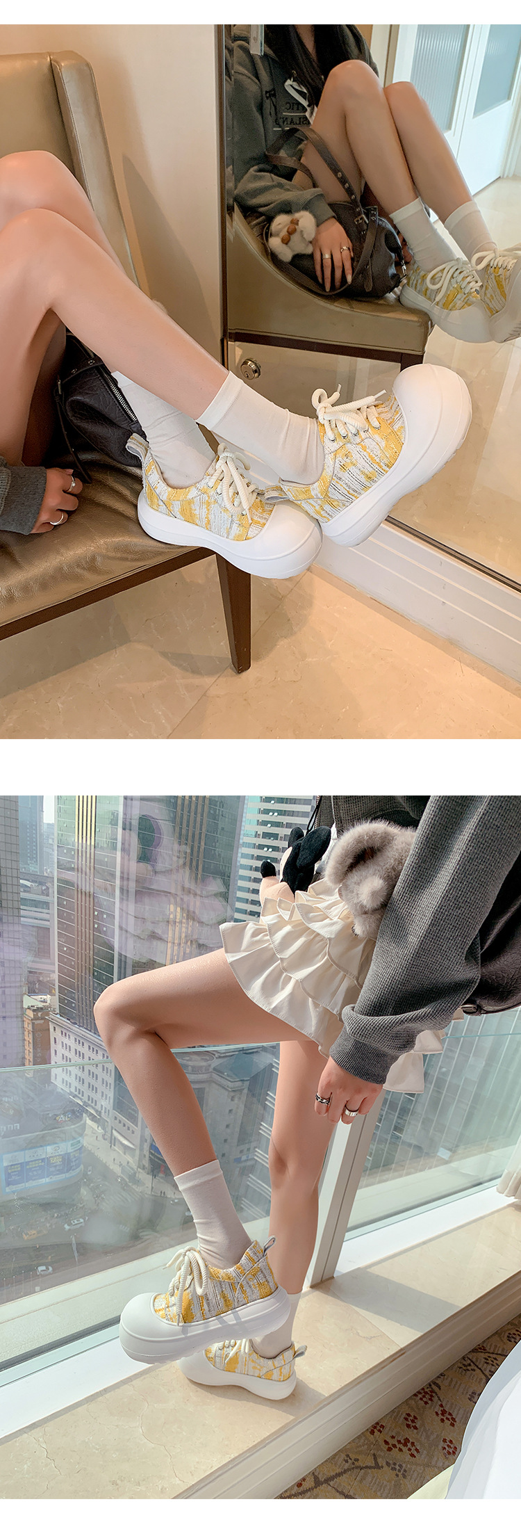 Giày loafer nữ đế xuồng platform 5cm, mũi tròn buộc dây, da thật — xanh lam, màu vàng chi tiết 9