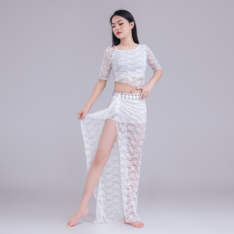 New autumn belly dance practice clothes plus size sexy slimming lace oriental dance performance clothes off-the-shoulder open skirt