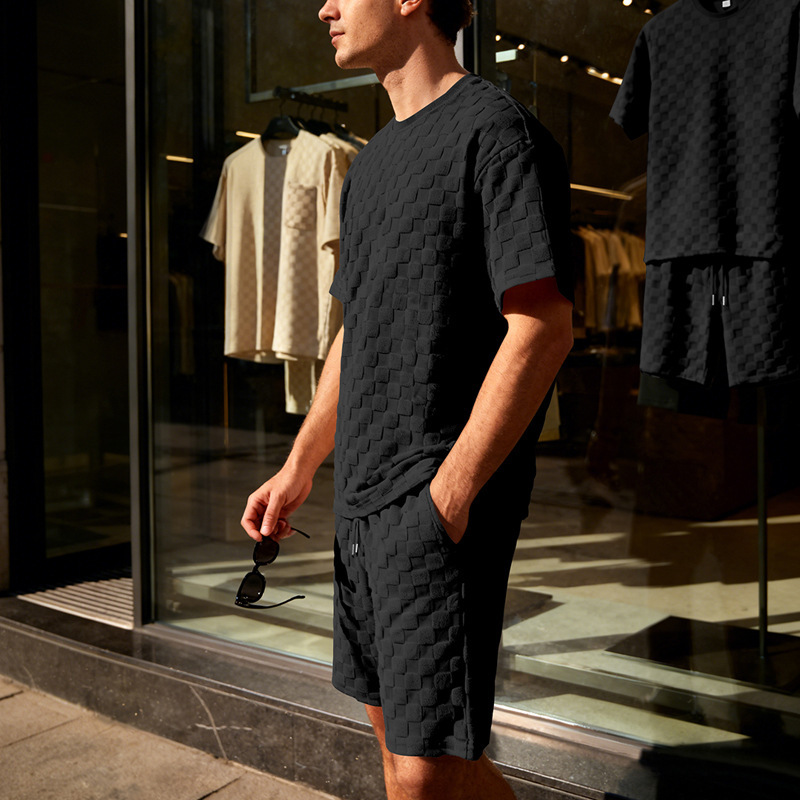 Muscle Doctor Men's Summer Jacquard Checkered Short Sleeve T-Shirt & Shorts Set, Loose Fit High Street Casual Outfit_viptrois.com