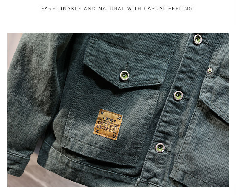 V-embroidered Denim Jacket For Men Washed Lapel Tooling Style_voghion.com
