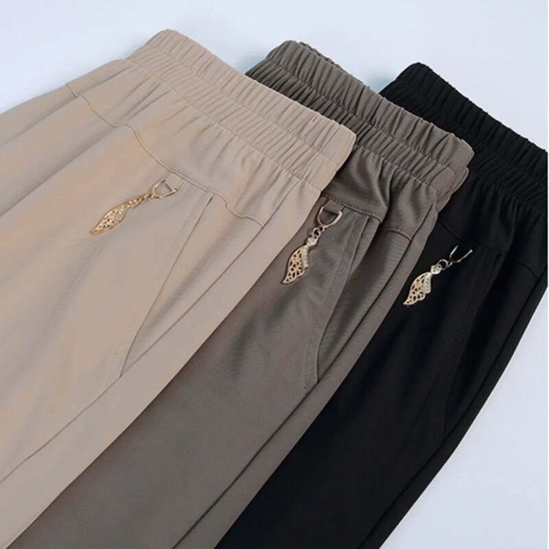 Women's summer thin loose straight-leg ice silk casual pants for middle-aged and elderly women, petite women's pants