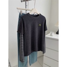 【胖妹妹】假两件韩系条纹袖长袖T恤女春秋季宽松显瘦遮肚子上衣