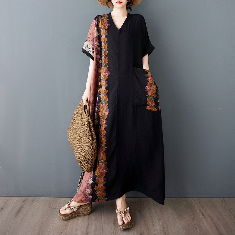 plus size Women's Summer New Belly-Covering Slimming V-Neck Short-Sleeved Contrast Color Stitching Long dress with Unfixed Flower Bits
