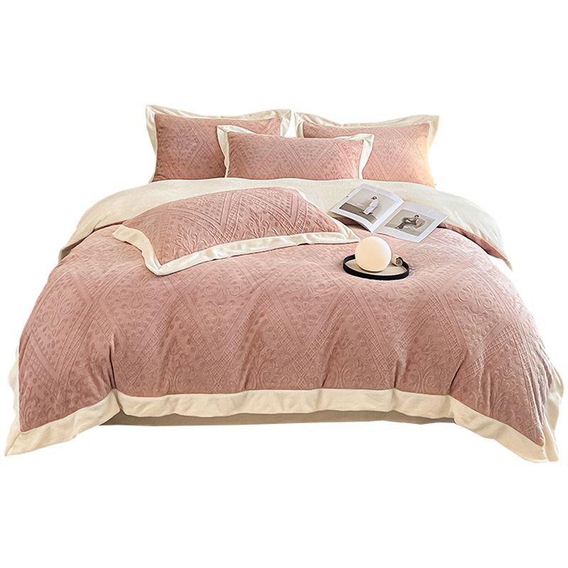 High-end engrosado tallado leche de lana de cuatro piezas conjunto 2025 nuevo invierno de doble cara coral de lana de cama de lana