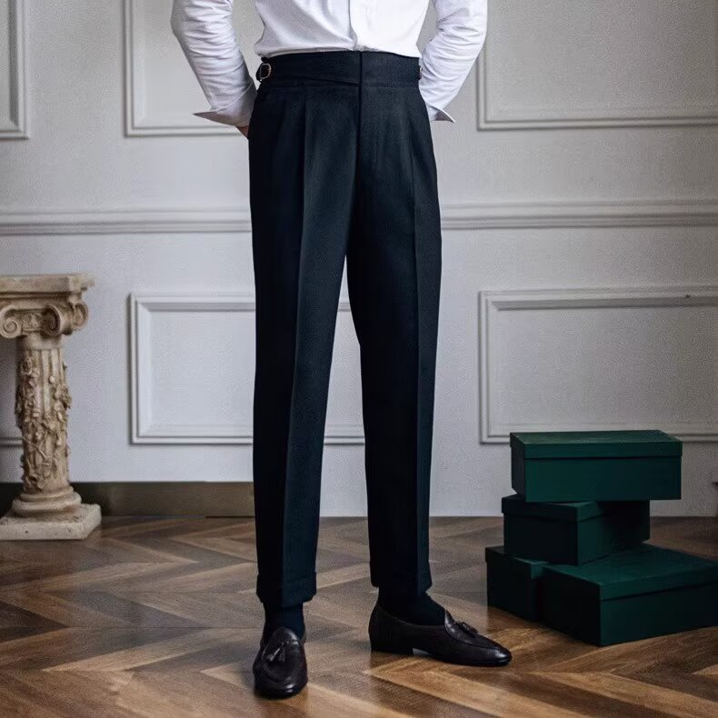 Straight High-Waisted Suit Pants for Men, Autumn Business Retro Paris Button Trousers, Versatile Naples Draped Suit Pants