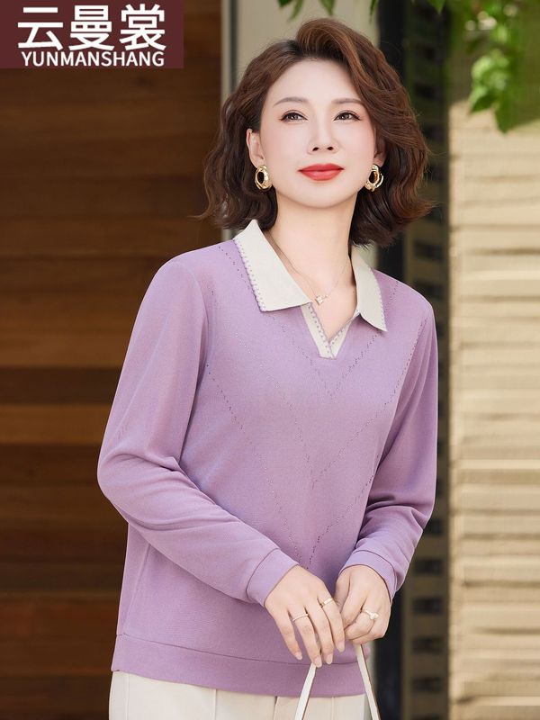 中年妈妈装秋装翻领T恤2025新款中老年女装衬衫洋气显瘦针织上衣|undefined