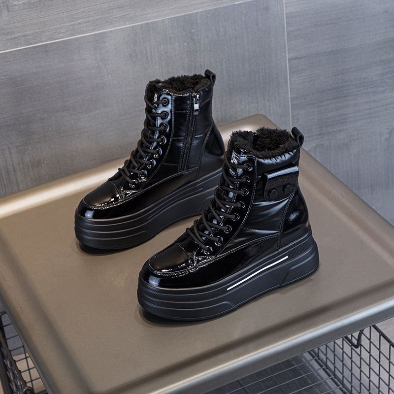 새로운 25 겨울용 키높이 여성화 두꺼운 밑창 따뜻한 숏부츠 천연 가죽 캐주얼 플랫폼 밑창 스노우 부츠 안감 보강