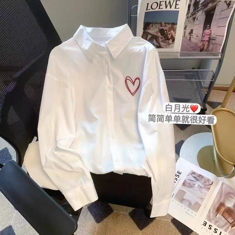 White Love Printed Long-sleeved Sunscreen Shirt Women's Design Sense Niche New Loose All-match Top French Shirt