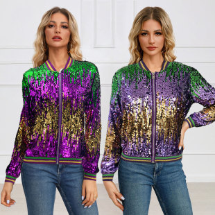 10345 Cross-border Europe and America Amazon Long Sleeve Cardigan with Vertical Collar Sequins Spring and Autumn Women's Baseball Coat