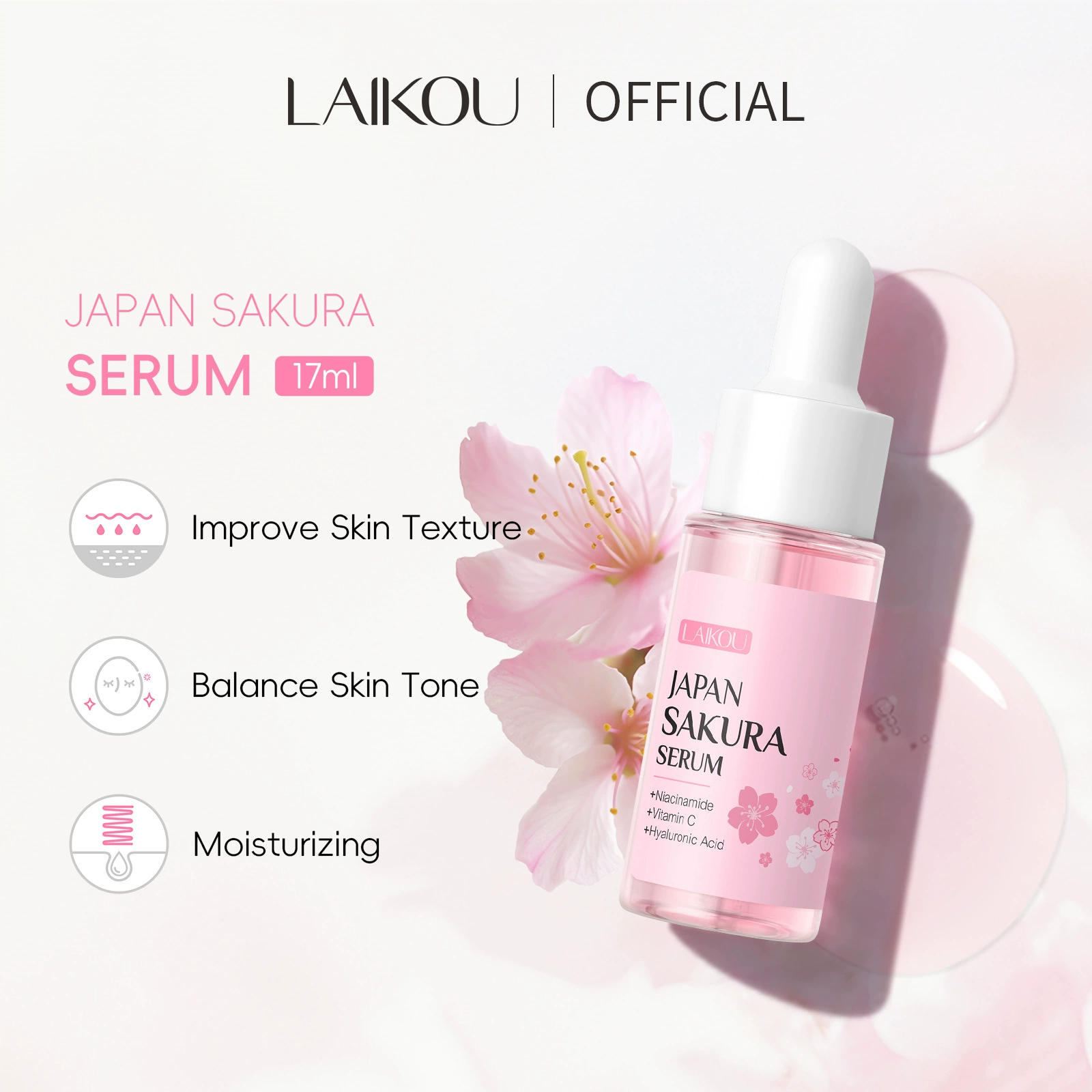 Кросс-бордерная сыворотка для лица Laiko Sakura Essence 17 мл, версия Temu, в цветной коробке, с полным английским описанием.