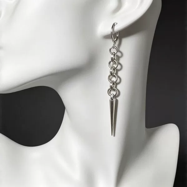 Gothic-style pointed cone drop earrings, punk metal chain long earrings, European and American minimalist stainless steel earrings