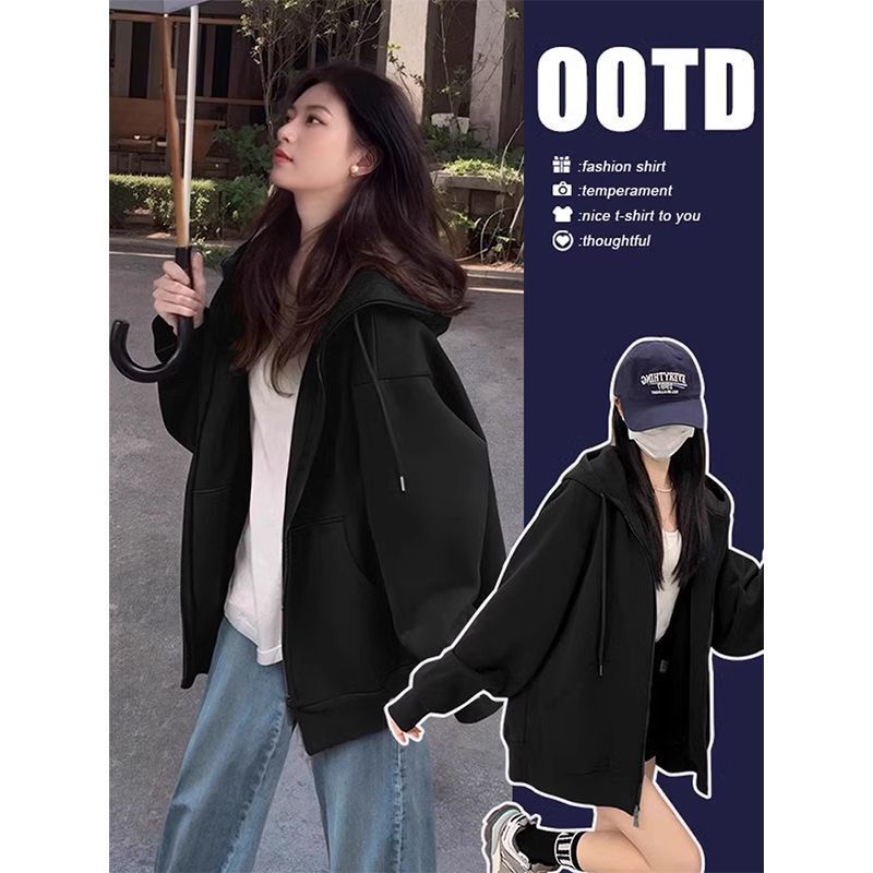 Imitation Cotton Huamian Composite Black American Hooded Cardigan Sweatshirt for Men and Women Spring & Fall New Popular Couple Zipper Top