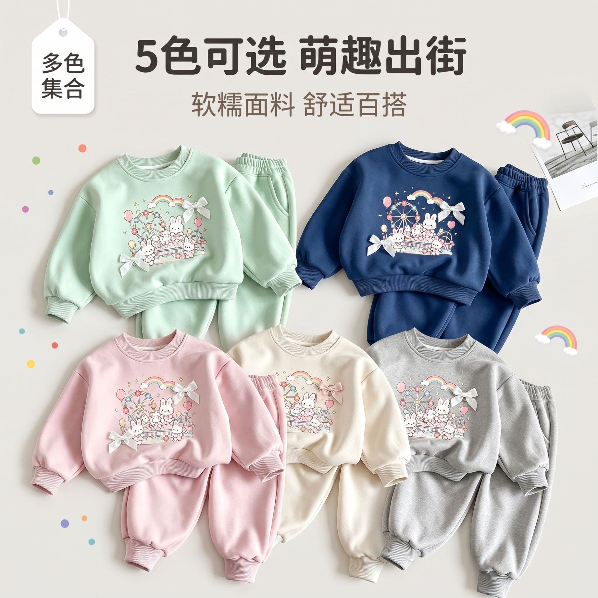 Children's early autumn long-sleeved set, girl's bow sweatshirt and jogger pants, versatile and stylish two-piece children's clothing set for toddlers and preschoolers.