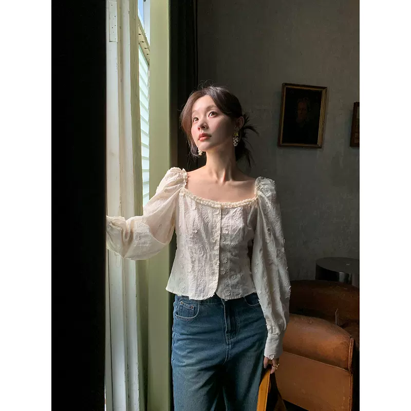 诠释美 NEWOPEN 2025早春法式重工提花上衣方领木耳边衬衫女C3553