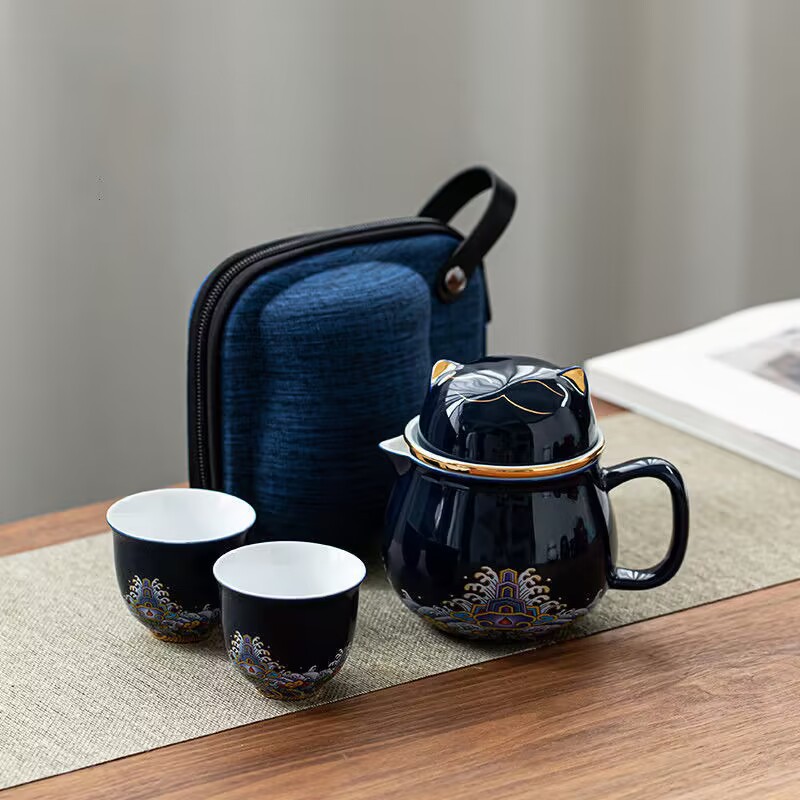 Juego de Té de Viaje Portátil de 2 Tazas, Cerámica, para Viaje