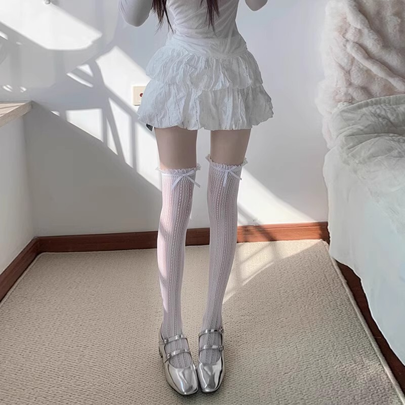Milk White Jk Over-The-Knee Socks for Women Spring and Summer Thin Lace Mesh Thigh Socks Breathable High-Length Fishnet Socks