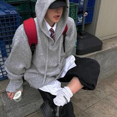 灰色连帽毛衣男冬季慵懒风宽松高级感痞帅重磅美式复古针织衫外套