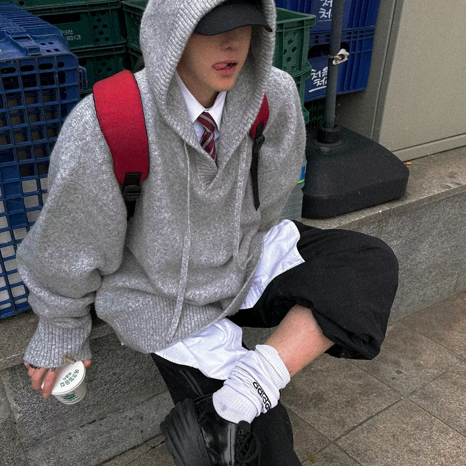 灰色连帽毛衣男冬季慵懒风宽松高级感痞帅重磅美式复古针织衫外套