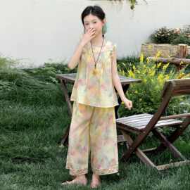 女童夏装套装2026新款中大儿童夏季新中式国风背心阔腿裙裤两件套