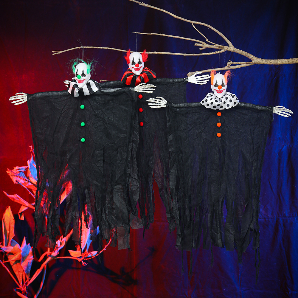 Nuevos accesorios de decoración de Halloween transfronterizos, payaso, calavera, gasa, mueca, fantasma colgante, casa embrujada, decoración de puerta de fiesta