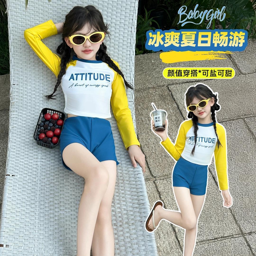 Children's Swimsuit 2026 Summer Long-Sleeved Sun-Protective Two-Piece Swimsuit for Girls, Fashionable and Trendy Swimwear with a Hat