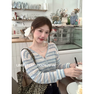 Unifitp 松弛感半开领系扣条纹长袖T恤女夏季少女风宽松显瘦上衣