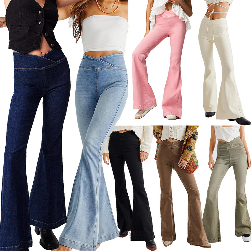 2023foreign trade women's jeans waist irregular slim slimming stretch Denim flared trousers SU3481