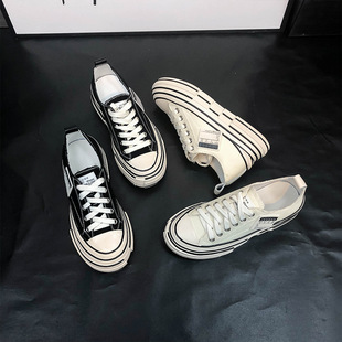 Wu Jianhao's Same Style Black Canvas Shoes for Women 2024 Autum New Thin Thick Sole Heightening Korean Style Sneakers Flats for Women