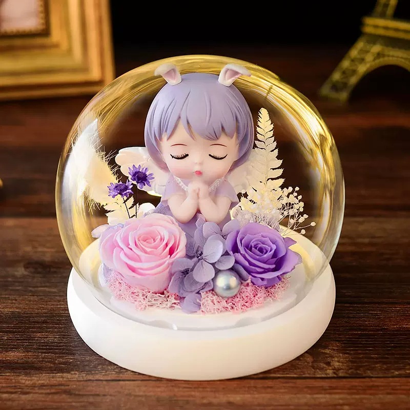 Flores de la vida eterna Rose Anne Angel Glass Cover Caja de regalo para la temporada de graduación de San Valentín para amigos de la escuela adornamiento de flores de la vida eterna