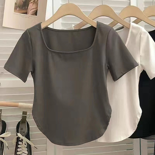 Wholesale New French Pure Desire Women's Sexy Solid Color Short Sleeve T-Shirt Summer Casual Square Collar Base Layer Top for Women