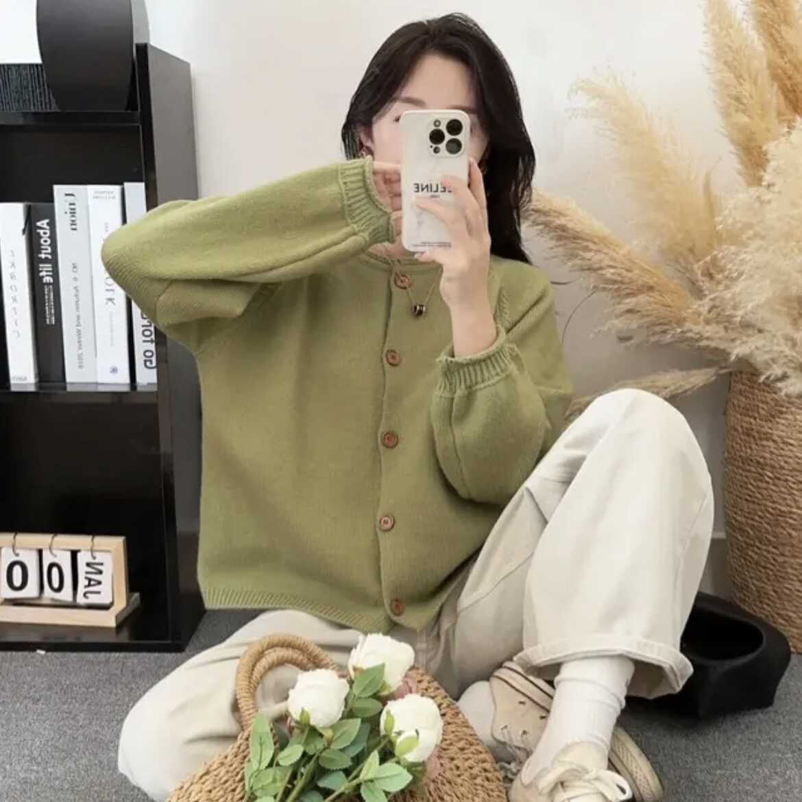 24 invierno Puyuan perezoso viento japonés y coreano ropa casual de mujer cardigan de cashmere grueso cuello redondo suéter suelto