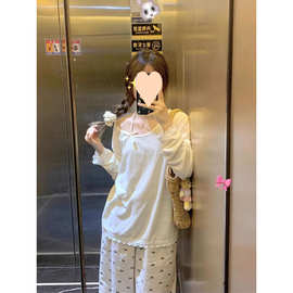 韩系百搭蝴蝶蕾丝结两穿可斜肩花边2024长袖宽松甜妹穿搭上衣
