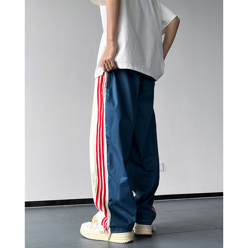 Men's Autumn American Design Sweatpants with Ice Silk Quick-Dry Striped Straight Leg Loose Casual Sports Pants