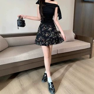 复古时尚印花碎花俏皮甜美百搭荷叶边裙子拼接凉凉夏季鱼尾半身裙