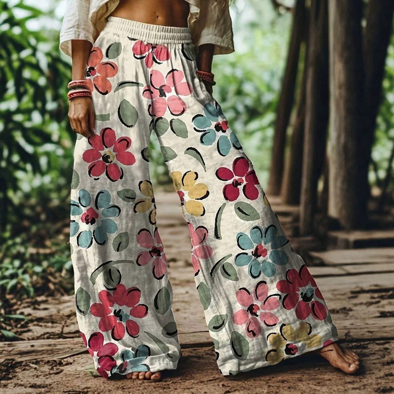 European and American Cross-Border 2026 Spring/Summer New Bohemian Style Printed High-Waisted Elastic Waist Ethnic Style Wide-Leg Pants European and American Cross-Border 2026 Spring/Summer New Bohemian Style Printed High-Waisted Elastic Waist Ethnic Style Wide-Leg Pants
