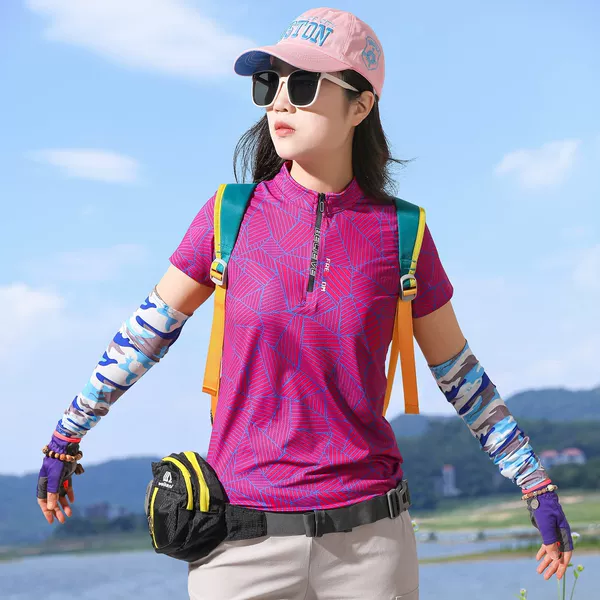 Outdoor Stand-Up Collar Ice-Feel Quick-Drying Women's Short-Sleeved T-Shirt Women's Elastic, Light, Breathable, Sweat-Absorbent Sports Fitness Running Summer