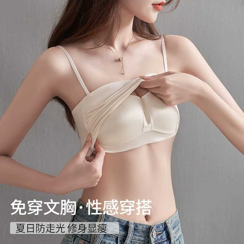 女性用美背中サスペンダーブラ、涼しくシームレスなチューブトップ、大きな胸が小さく見える、胸パッド付き、露出防止、胸を包むブラ、夏用薄手|undefined
