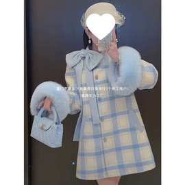 羽绒服2025狐狸毛斗篷外套女中长款大衣蝴蝶结简约格子拼色上衣