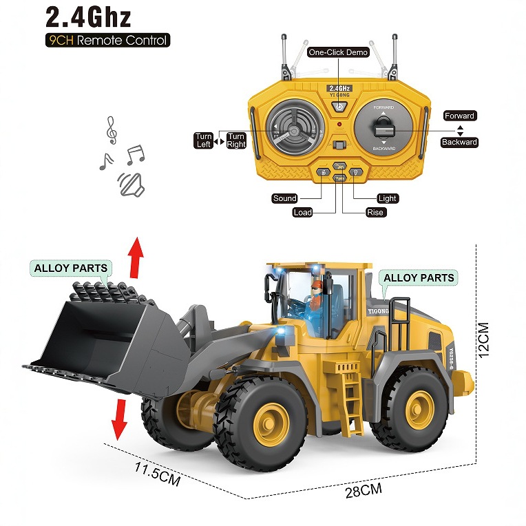 Ventas transfronterizas de ingeniería de carga caliente 2.4G aleación motocicleta bulldozer coche de control remoto Amazon juguetes de sonido y luz para niños