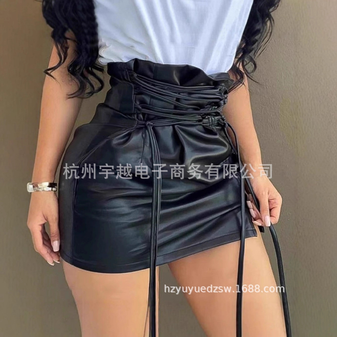 2026 New Amazon Supply European and American Fashion Women's Black High-Waisted Tie-Up Skirt