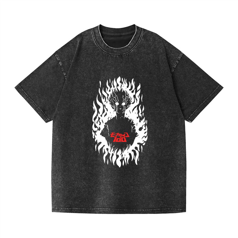 New Foreign Trade Style Washed Short-Sleeve T-Shirt Mob Psycho 100 Loose Summer Retro T-Shirt for Men and Women