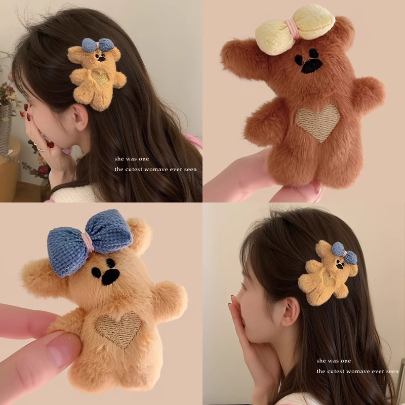 Linda horquilla de oso de peluche clip de flequillo de pelo roto lateral femenino en la parte posterior de la cabeza con lazo clip de pico de pato horquilla de tocado