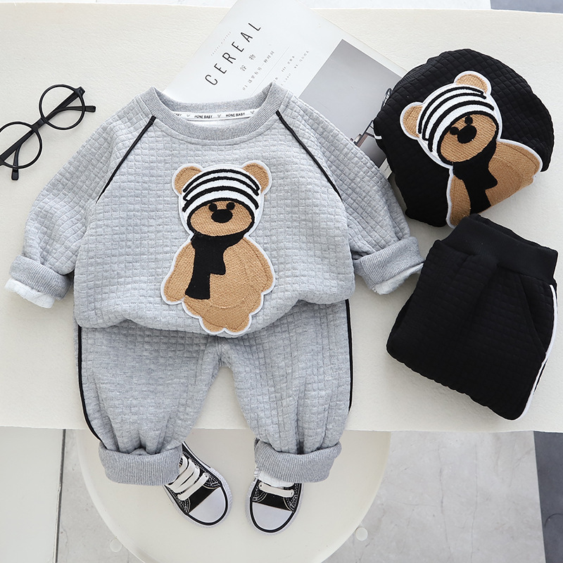 2023 Autunno Nuovo Set Carino Ragazzi e Ragazze Casual Coreano Sciarpa Orso Abbigliamento per Bambini_voghion.com